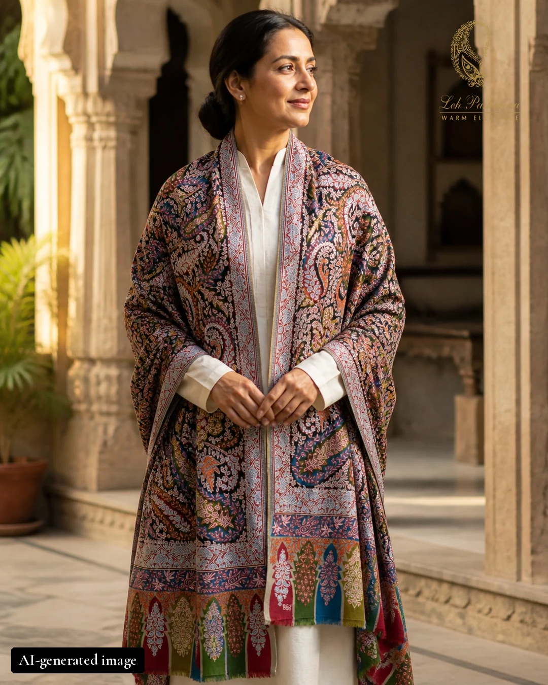 Jewel paisley shawl worn by an AI-generated female model