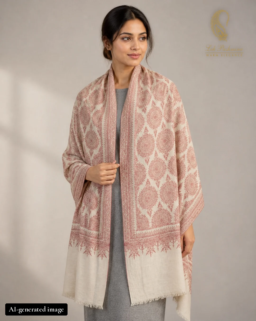 Blush & ivory motif shawl worn by an AI-generated female model