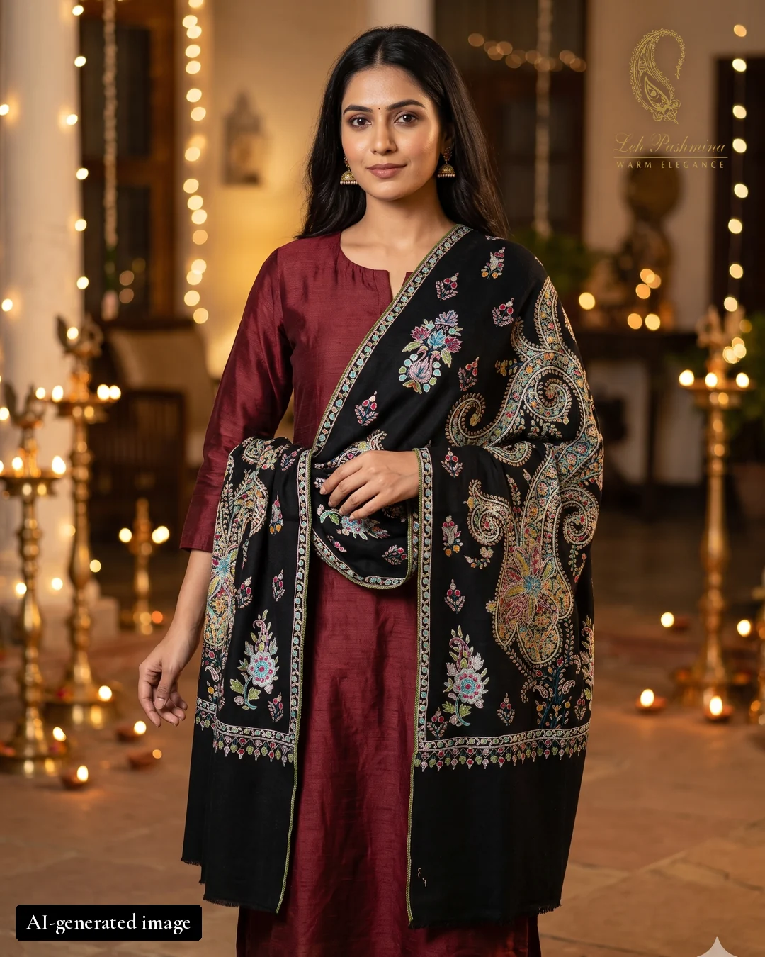 Black paisley shawl worn by an AI-generated female model