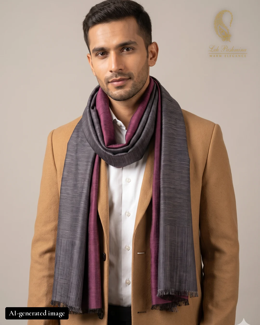 Smoke & plum stole worn by an AI-generated male model