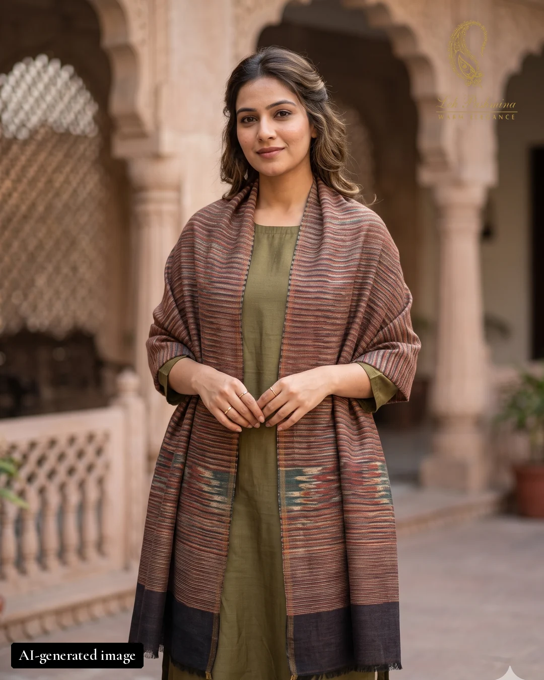 Rust stripe stole worn by an AI-generated female model