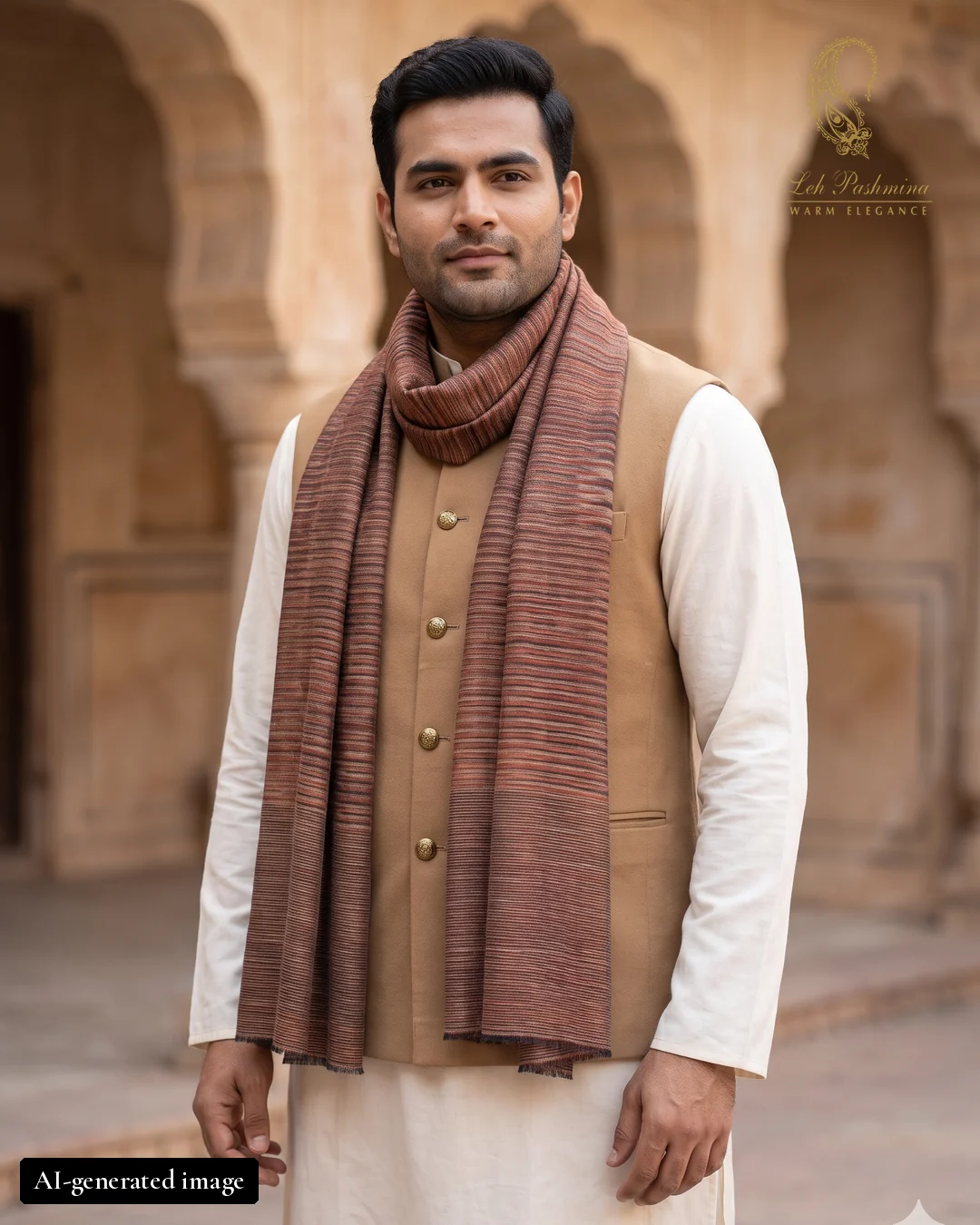 Rust stripe stole worn by an AI-generated male model