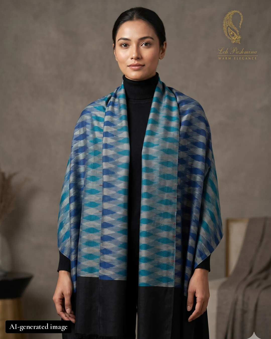 Teal & blue chevron stole worn by an AI-generated female model