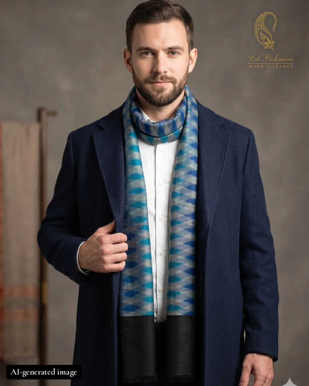 Teal & blue chevron stole worn by an AI-generated male model