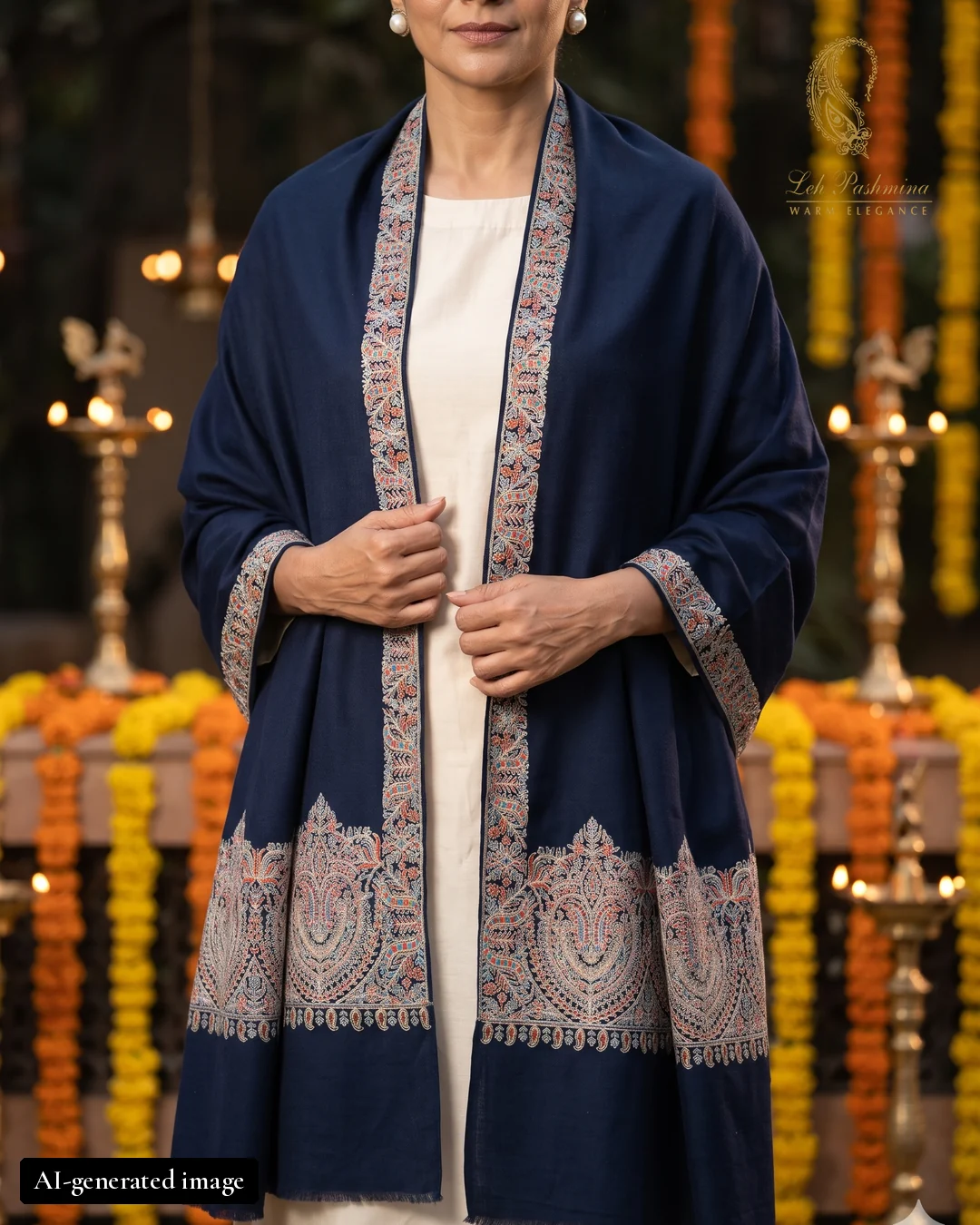 Navy stole, paisley border worn by an AI-generated female model