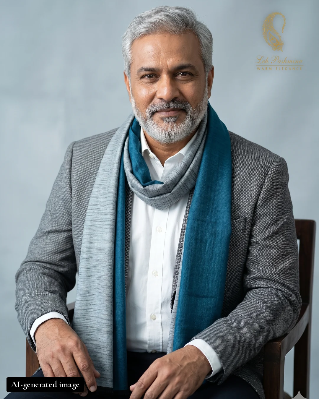 Grey & teal two-tone stole worn by an AI-generated male model