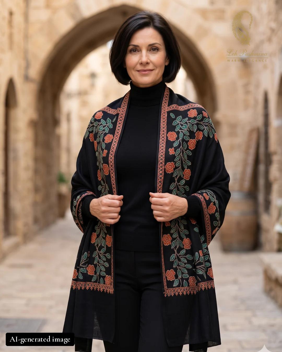 Black stole, rose-vine border worn by an AI-generated female model