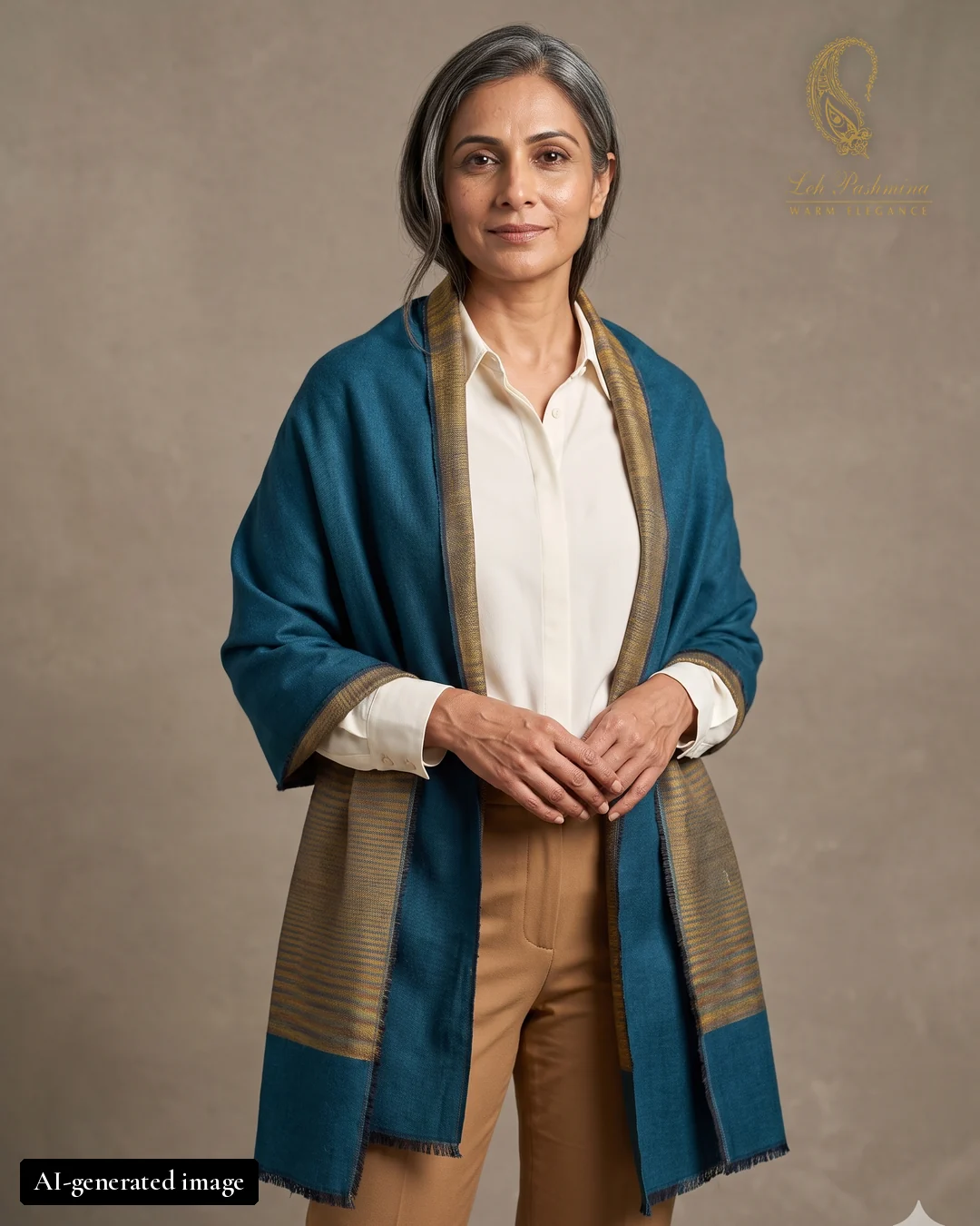 Teal reversible stole worn by an AI-generated female model