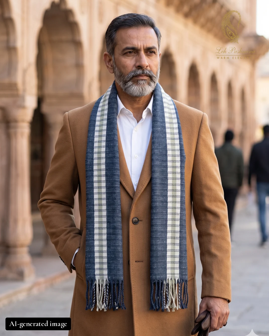 Navy & sage check stole worn by an AI-generated male model