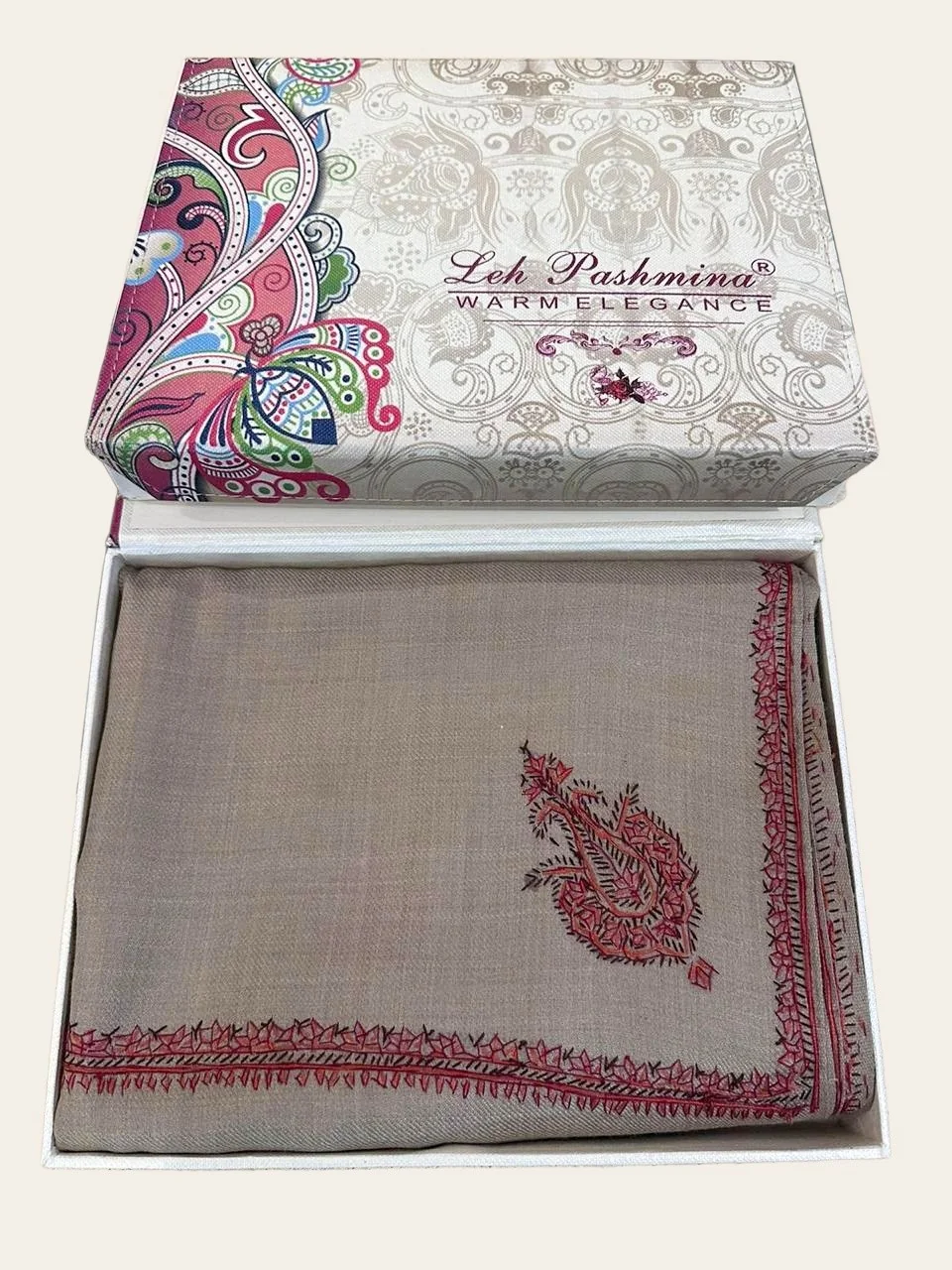 Leh Pashmina gift box, open, with an embroidered stole inside