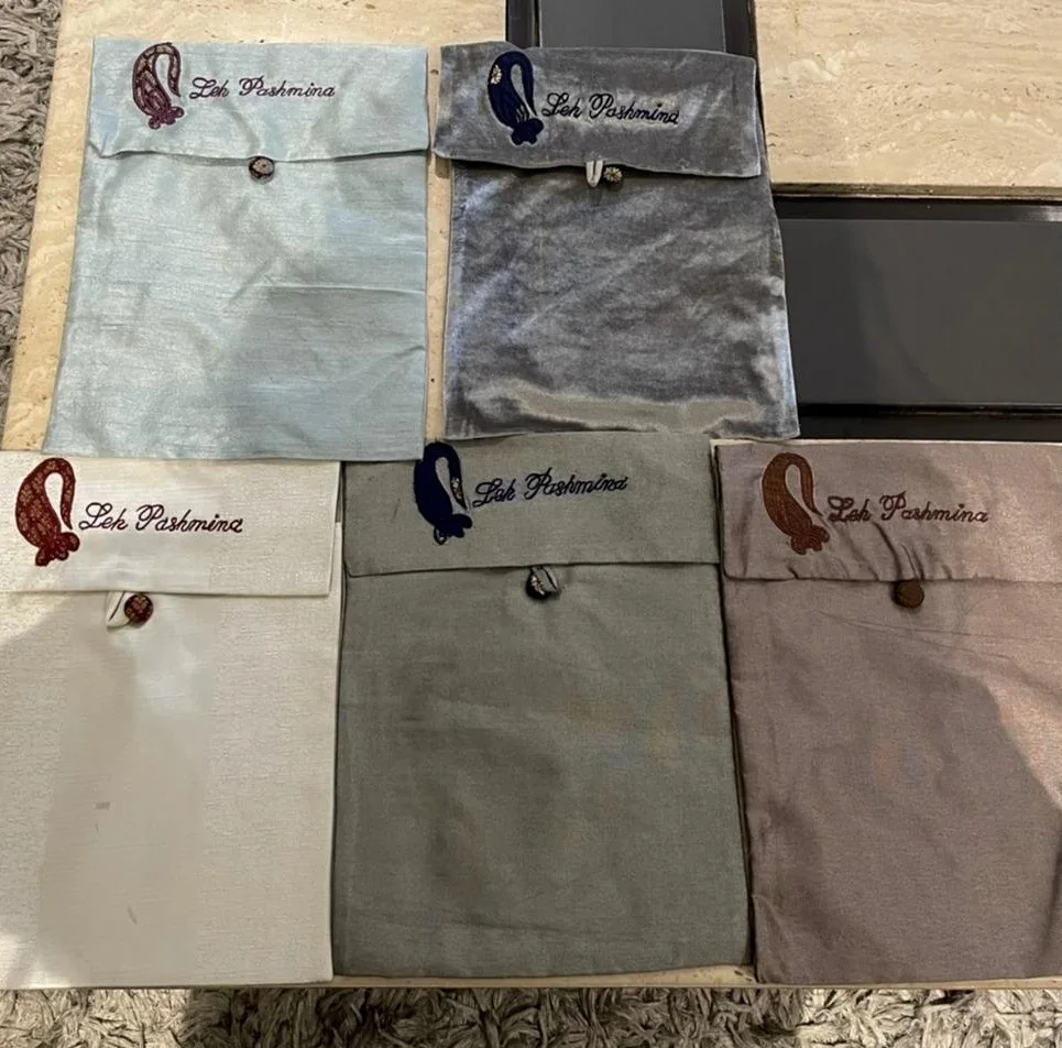 Leh Pashmina fabric pouches with embroidered logo
