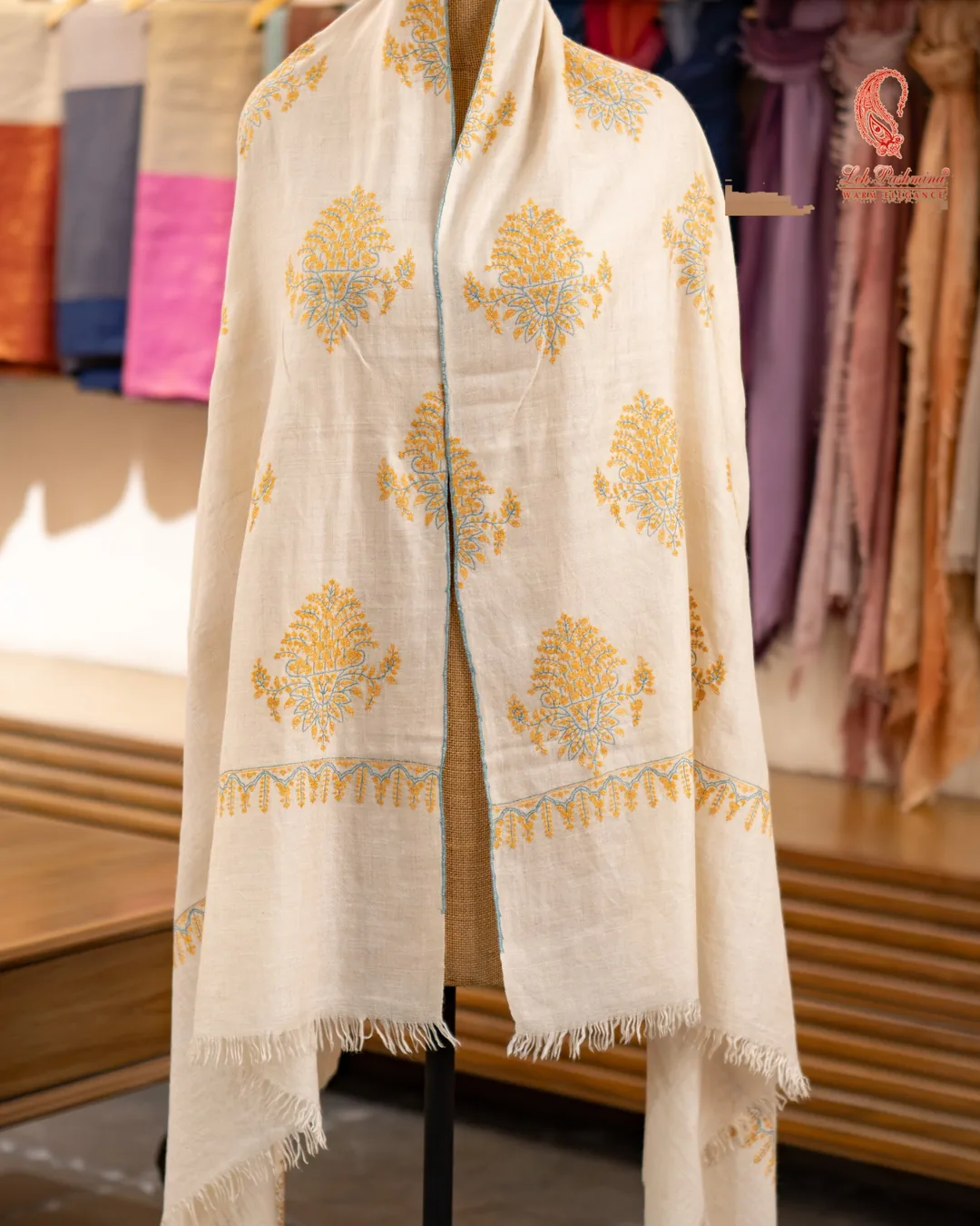 Ivory shawl, gold motifs