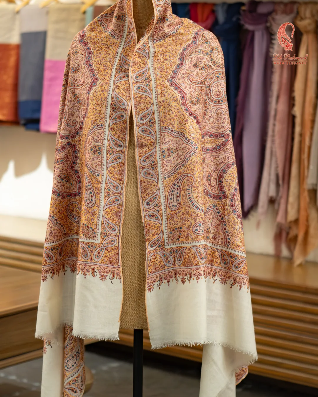 Peach paisley shawl, ivory ends